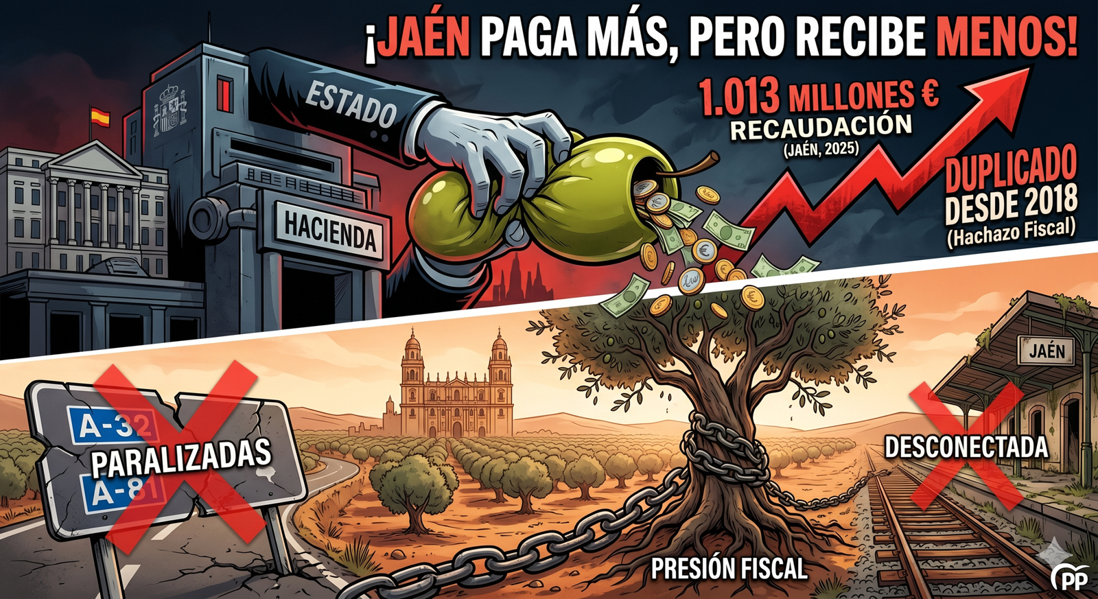 El PP denuncia un «hachazo fiscal» en Jaén: la recaudación se duplica con Sánchez y alcanza los 1.013 millones